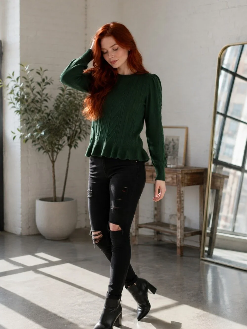 LOFT Green Bobble Knit Ruffle Hem Sweater | Size Large | NWT